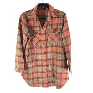 Julia by Very J Flannel Shirt Dress Button Down Pockets Plaid Pink White M